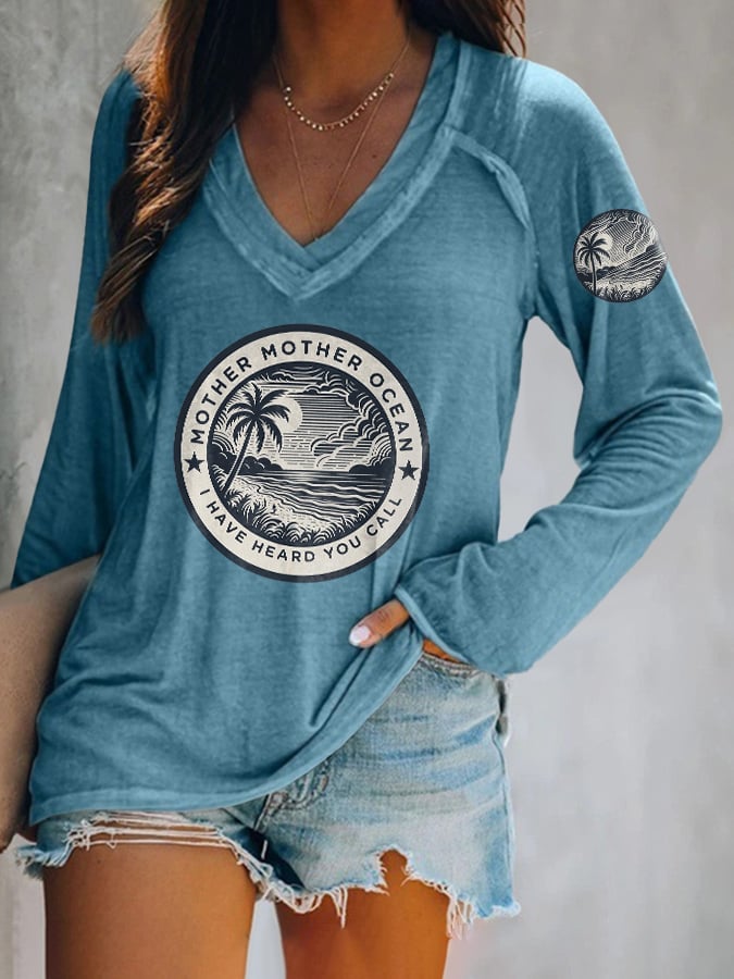 V-neck Retro Mother, Mother Ocean, I Have Heard You Call Print T-Shirt