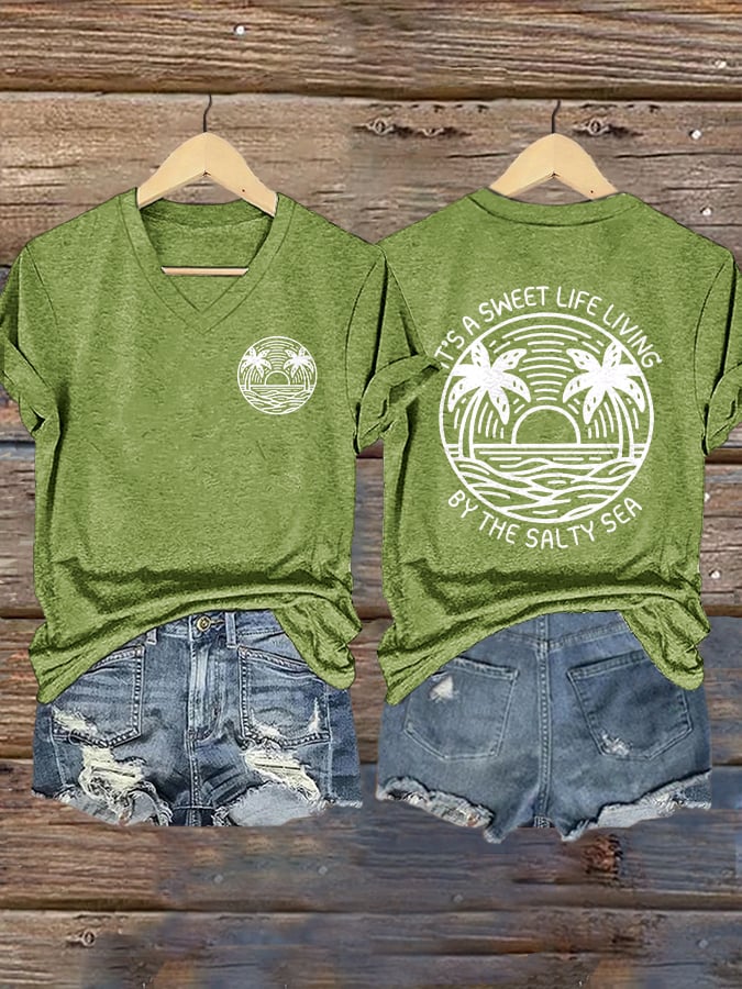 V-Neck Retro It's A Sweet Life Living By The Salty Sea Print T-Shirt
