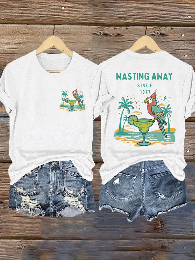 Retro Parrot Margarita Wasting Away Since 1977 Print T-Shirt