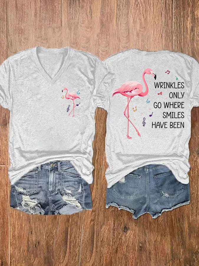 V-Neck Retro Flamingo Wrinkles Only Go Where Smiles Have Been Print T-Shirt