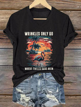 V-Neck Retro Flamingos And Palm Trees Wrinkles Only Go Where Smiles Have Been Print T-Shirt