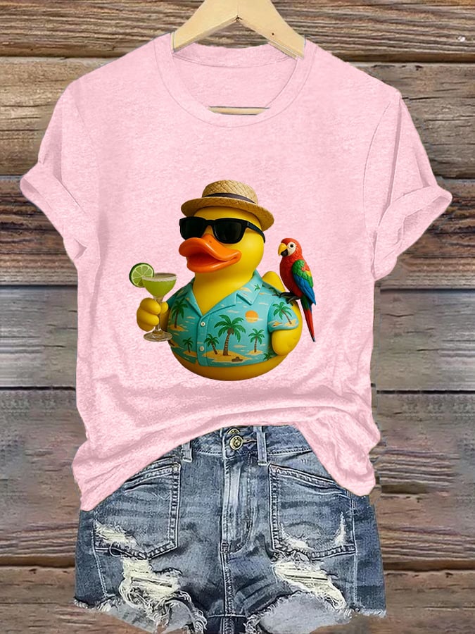 Retro Vacation Parrot Margarita Memorial Duck Print T-Shirt