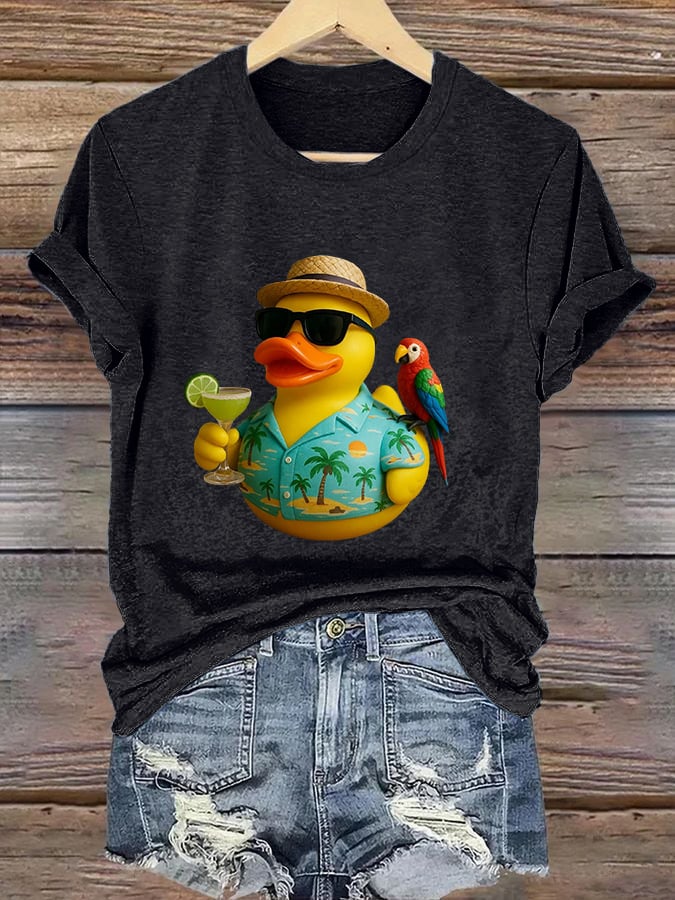 Retro Vacation Parrot Margarita Memorial Duck Print T-Shirt