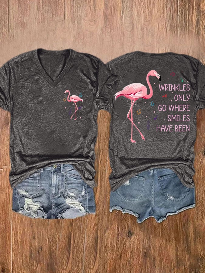 V-Neck Retro Flamingo Wrinkles Only Go Where Smiles Have Been Print T-Shirt