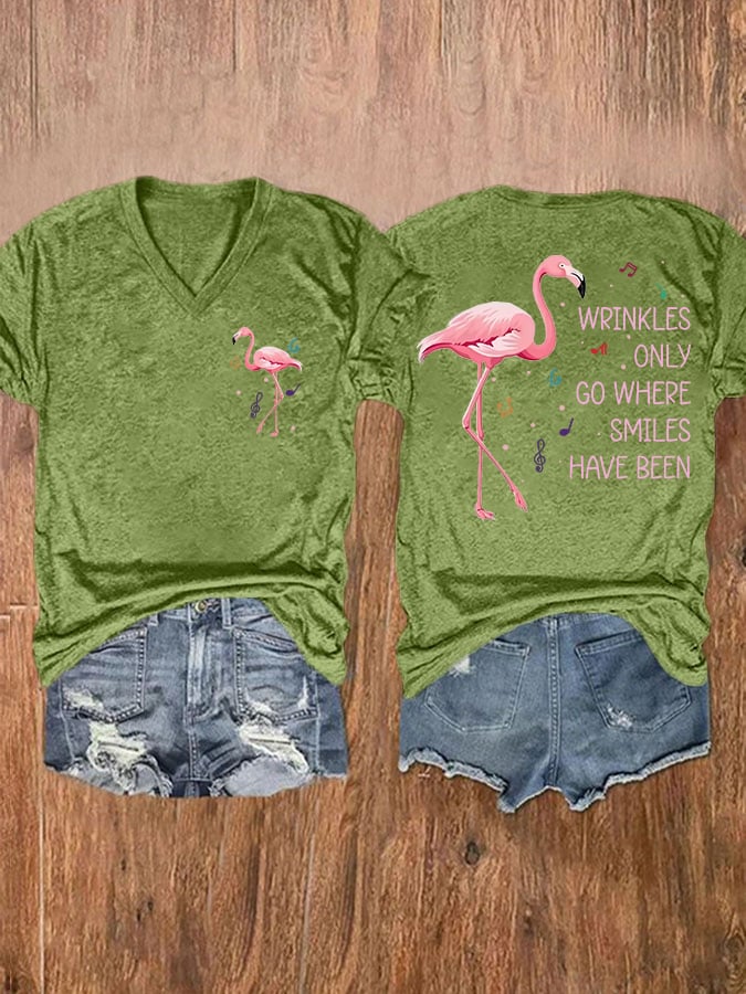 V-Neck Retro Flamingo Wrinkles Only Go Where Smiles Have Been Print T-Shirt