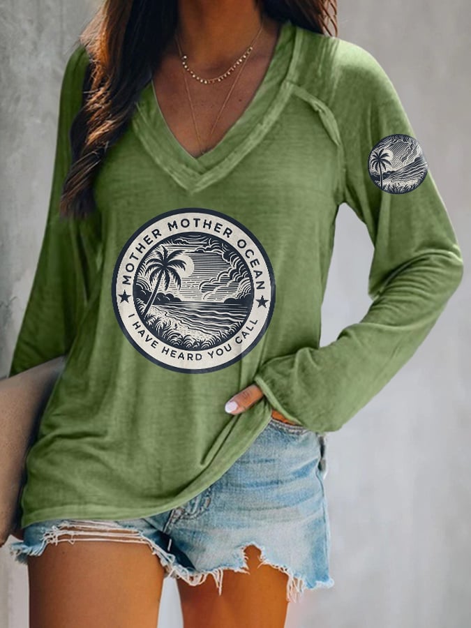 V-neck Retro Mother, Mother Ocean, I Have Heard You Call Print T-Shirt