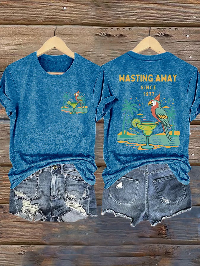 Retro Parrot Margarita Wasting Away Since 1977 Print T-Shirt