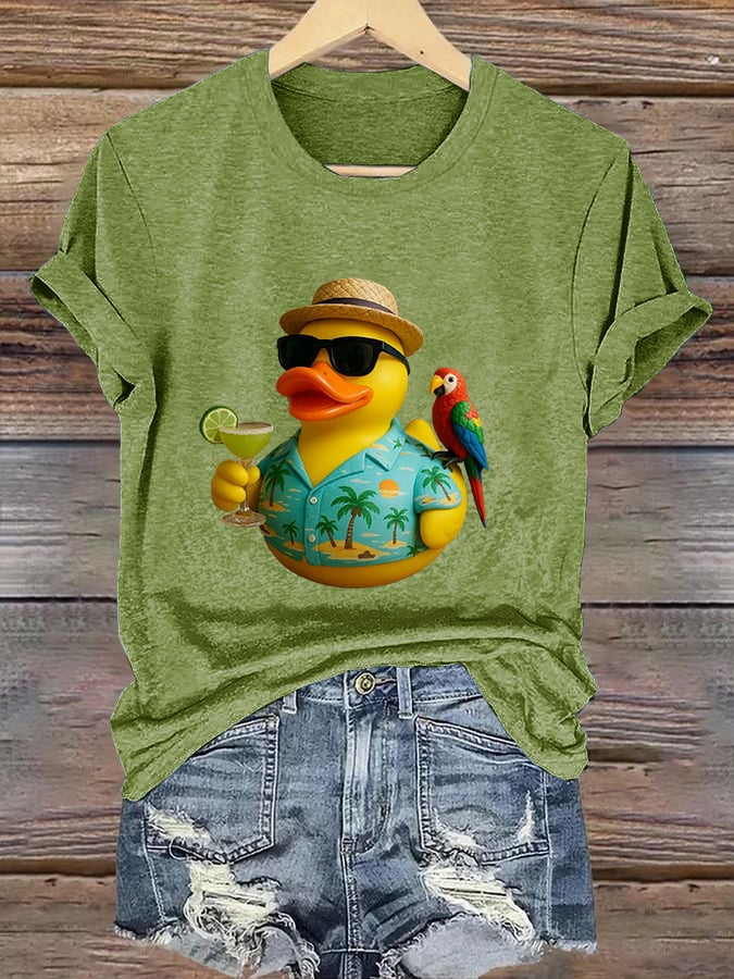 Retro Vacation Parrot Margarita Memorial Duck Print T-Shirt