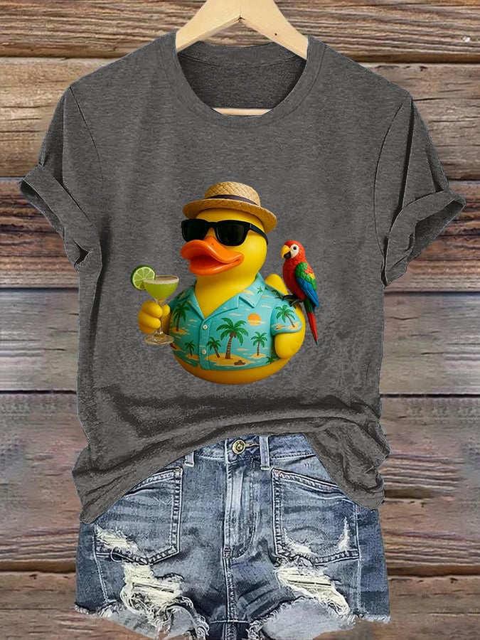 Retro Vacation Parrot Margarita Memorial Duck Print T-Shirt