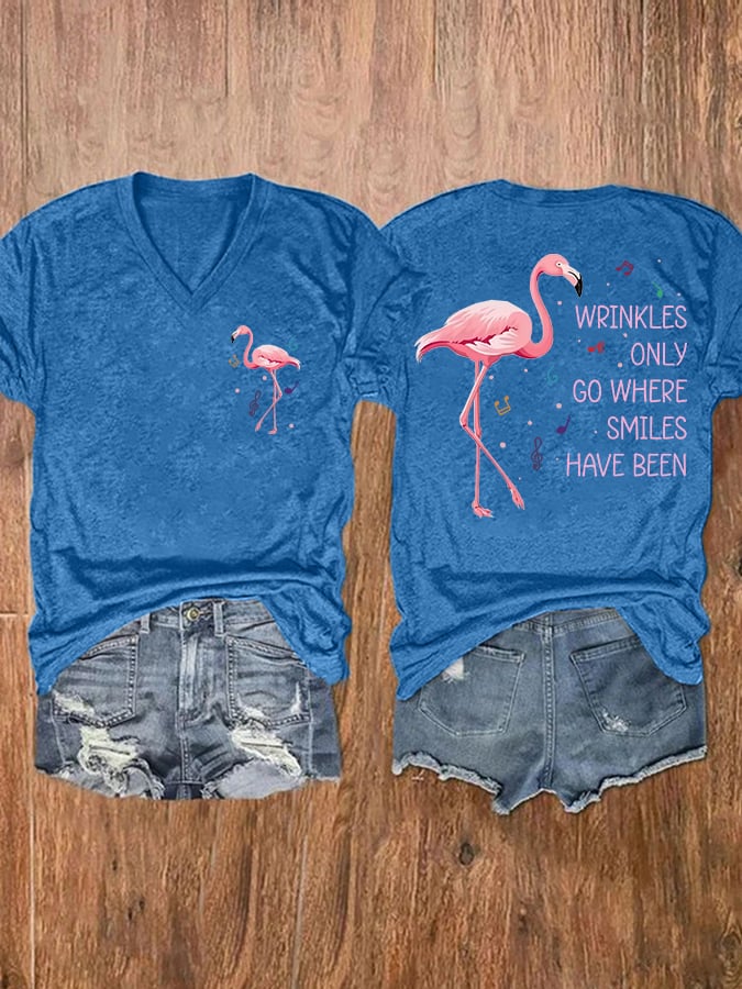 V-Neck Retro Flamingo Wrinkles Only Go Where Smiles Have Been Print T-Shirt