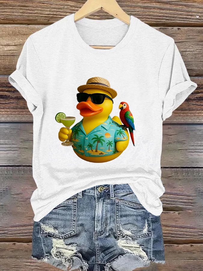 Retro Vacation Parrot Margarita Memorial Duck Print T-Shirt