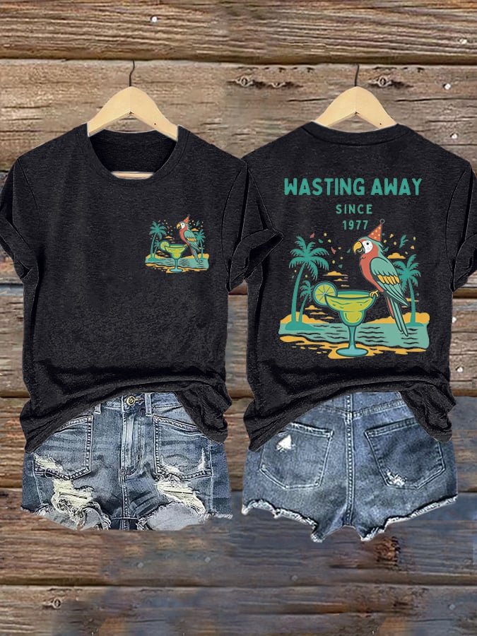 Retro Parrot Margarita Wasting Away Since 1977 Print T-Shirt