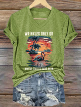 V-Neck Retro Flamingos And Palm Trees Wrinkles Only Go Where Smiles Have Been Print T-Shirt