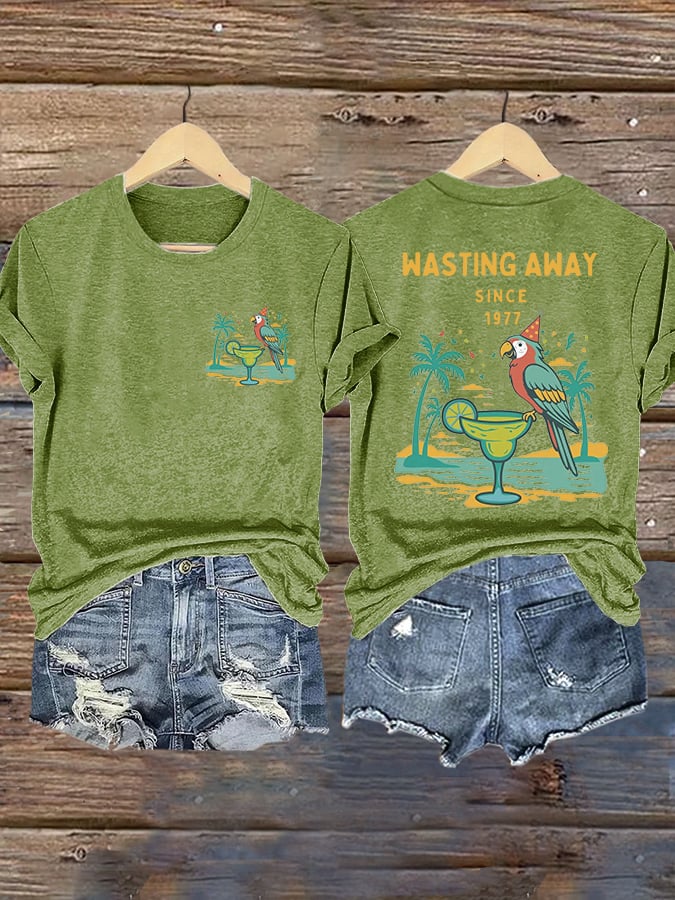 Retro Parrot Margarita Wasting Away Since 1977 Print T-Shirt