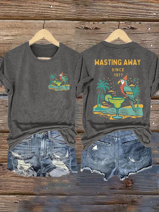 Retro Parrot Margarita Wasting Away Since 1977 Print T-Shirt