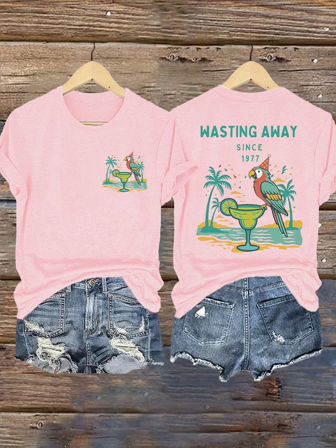 Retro Parrot Margarita Wasting Away Since 1977 Print T-Shirt