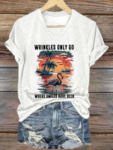 V-Neck Retro Flamingos And Palm Trees Wrinkles Only Go Where Smiles Have Been Print T-Shirt