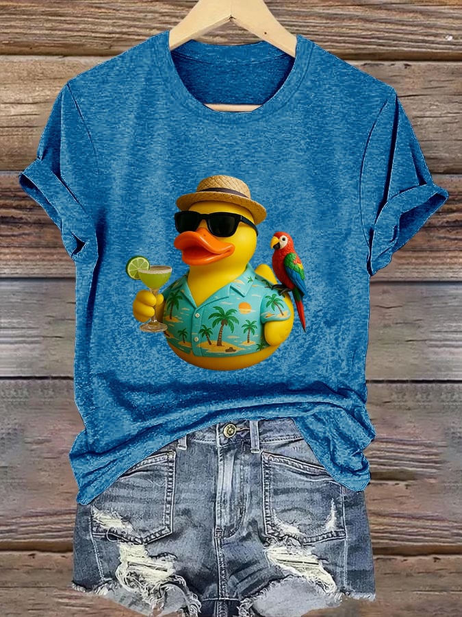 Retro Vacation Parrot Margarita Memorial Duck Print T-Shirt